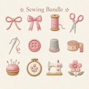 May include: A digital illustration titled Sewing Bundle featuring twelve embroidered icons: two bows, a spool of pink thread, scissors, a needle with thread, a button, a thimble, a measuring tape, a pincushion, a floral hoop, a sewing machine, and a flower.