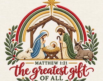 Diseño de bordado de la Natividad navideña, pesebre de la Sagrada Familia, arcoíris, versículo de Mateo 1:21 (archivo digital)