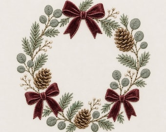 Burgundy Bow Wreath Embroidery Design, Pinecone Greenery Machine Embroidery, Christmas Holiday Stitch File