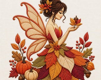 Autumn Fairy Embroidery Design, Fall Leaves Fantasy Machine Embroidery File
