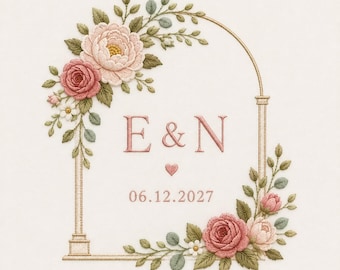カスタム花柄イニシャル刺繍ファイル、パーソナライズされたカップルモノグラムデザイン、結婚式用ミシン刺繍パターン