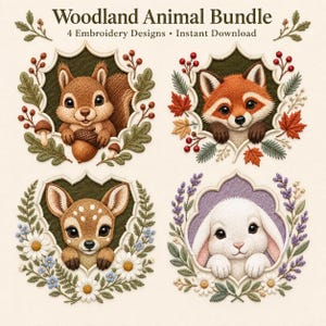 Pode incluir: Um conjunto de designs de bordado digital intitulado Woodland Animal Bundle 4 Embroidery Designs Instant Download com quatro molduras circulares contendo um esquilo, uma raposa, um cervo e um coelho branco com motivos naturais.