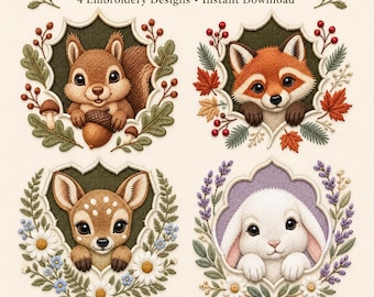 Woodland Animal Bundle Embroidery Designs Squirrel Fox Deer Bunny Forest Instant Download