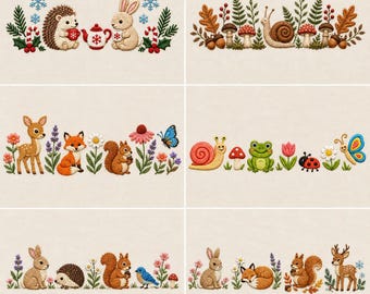 Woodland Animal Border Embroidery Bundle Seasonal Forest Friends Floral Machine Design Digital Download