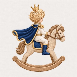 Royal Prince Rocking Horse Embroidery Design, Crown Blue Cape Nursery Machine Embroidery File