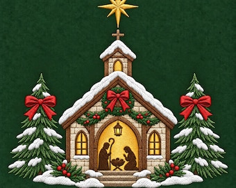 クリスマス降誕教会刺繍デザイン、冬の宗教模様（デジタルファイル）