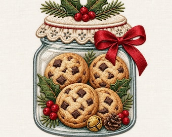 Christmas Cookie Jar Embroidery Design, Chocolate Chip Holly Bow Holiday Instant Download