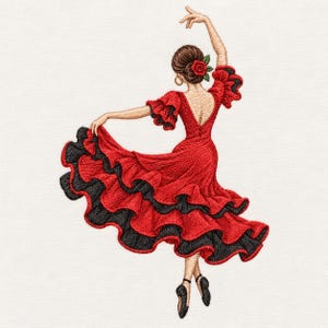 Könnte beinhalten: Ein Stickmotiv, das eine tanzende Person in einem leuchtend roten Kleid mit schwarzem Rüschensaum zeigt. Die Figur hat braunes Haar mit einer roten Blume, trägt goldene Ohrringe und schwarze Tanzschuhe in einer dynamischen Pose mit erhobenem Arm.