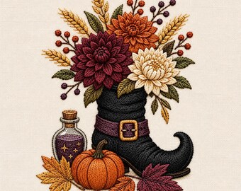 Diseño de bordado de bota de bruja de Halloween, zapato de bruja floral con crisantemos otoñales y calabaza, bordado a máquina de otoño