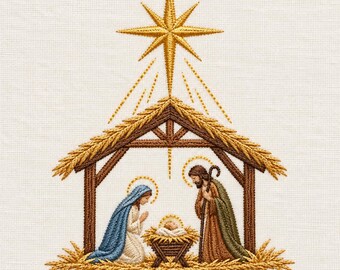Christmas Nativity Embroidery Design, Mary Joseph and Baby Jesus in Manger Under Bethlehem Star, Holy Family Machine Embroidery