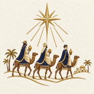 May include: An embroidery design featuring three figures in blue and white robes riding brown camels across a desert landscape with palm trees and buildings, all beneath a large, radiant gold star with long, thin rays extending downward.