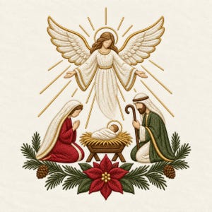 May include: A nativity scene illustration featuring a central angel with large wings above a manger with a baby, flanked by two figures in red and green robes. The scene is framed by green pine branches, pinecones, and a red poinsettia flower.