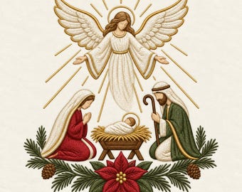 Angel Nativity Embroidery Design, Holy Family Poinsettia Christmas Religious Machine Pattern, Instant Download