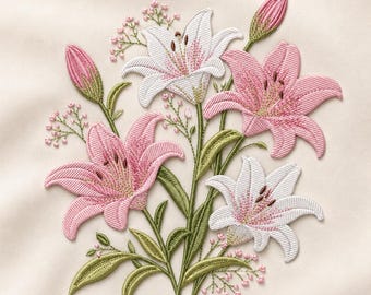 Diseño de bordado de flor de lirio, archivo para máquina de coser con estampado floral en rosa y blanco (descarga digital)