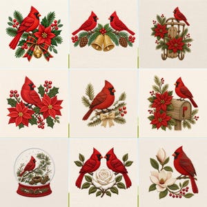 May include: A collection of nine illustrations featuring bright red cardinals in various winter settings, including poinsettias, pine branches, gold bells, a wooden sled, a mailbox, a snow globe, a white rose, and magnolia blossoms.