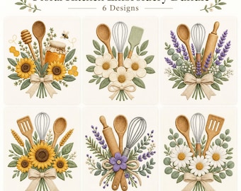 花柄キッチン刺繍バンドル、機械刺繍用植物モチーフの道具ブーケデザイン6種（即時ダウンロード）