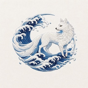 May include: An embroidery design featuring a white fox standing amidst stylized blue and white ocean waves. The circular composition shows the fox with detailed fur texture, surrounded by swirling water currents and small bubbles on a white fabric.