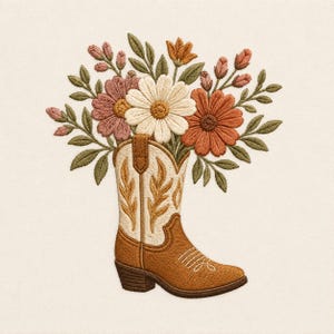 Blommig cowboystövelbroderidesign, västerländsk blommamaskinbroderifil, rustikt cowgirl-ranchmönster