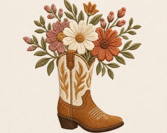 花柄のカウボーイブーツ刺繍デザイン、ウエスタンフラワーミシン刺繍ファイル、素朴なカウガール牧場パターン