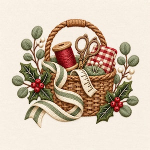 Può includere: Un cesto ricamato riempito con un rocchetto di filo rosso, forbici in stile vintage, un tessuto a quadri rossi e bianchi e un metro a nastro. Il cesto è circondato da foglie di agrifoglio verdi con bacche rosse e rametti di bacche bianche.