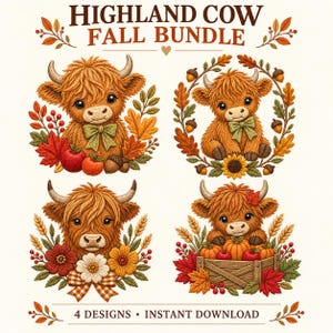May include: A digital graphic set titled HIGHLAND COW FALL BUNDLE featuring four illustrations of fluffy brown highland cows. The designs include autumn elements like red apples, orange pumpkins, acorns, sunflowers, wheat, and colourful fall leaves.