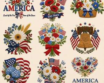 Pacchetto di ricami patriottici USA, file digitali per ricamo a macchina con bandiera americana e motivi floreali per il 250° anniversario.