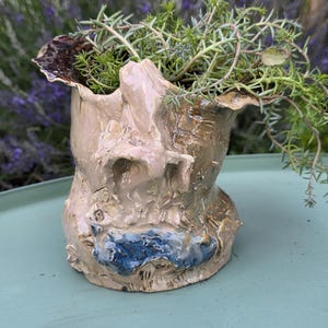 May include: A hand-sculpted ceramic planter featuring an abstract face design with a glossy beige finish, a prominent nose, and a textured blue accent near the base. The rim is uneven and dark brown, containing a green succulent plant with thin leaves.
