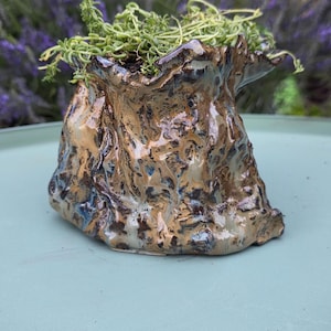 Hand-Sculpted Tree Bark Ceramic Planter, Unique Earthy Woodgrain Plant Pot, Artisan Textured Clay Vessel with Blue and Bronze Glaze