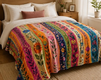 Colorful Boho Floral Flannel Blanket, Rainbow Wildflower Throw, Hippie Cottagecore Bedding, Maximalist Flower Lover Gift
