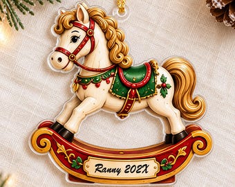 Personalized Rocking Horse Christmas Ornament, Custom Name and Year, Red Green and Gold Holiday Keepsake, Gift for Horse Lovers