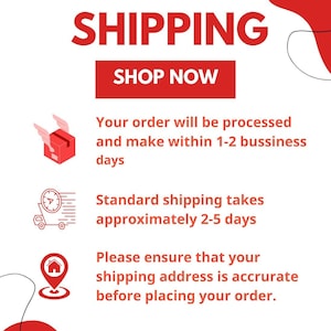 May include: A white informational graphic with red text and accents. It features the word SHIPPING in large red letters, followed by SHOP NOW. Icons include a winged box, a clock on a truck, and a location pin. Text details processing and delivery.