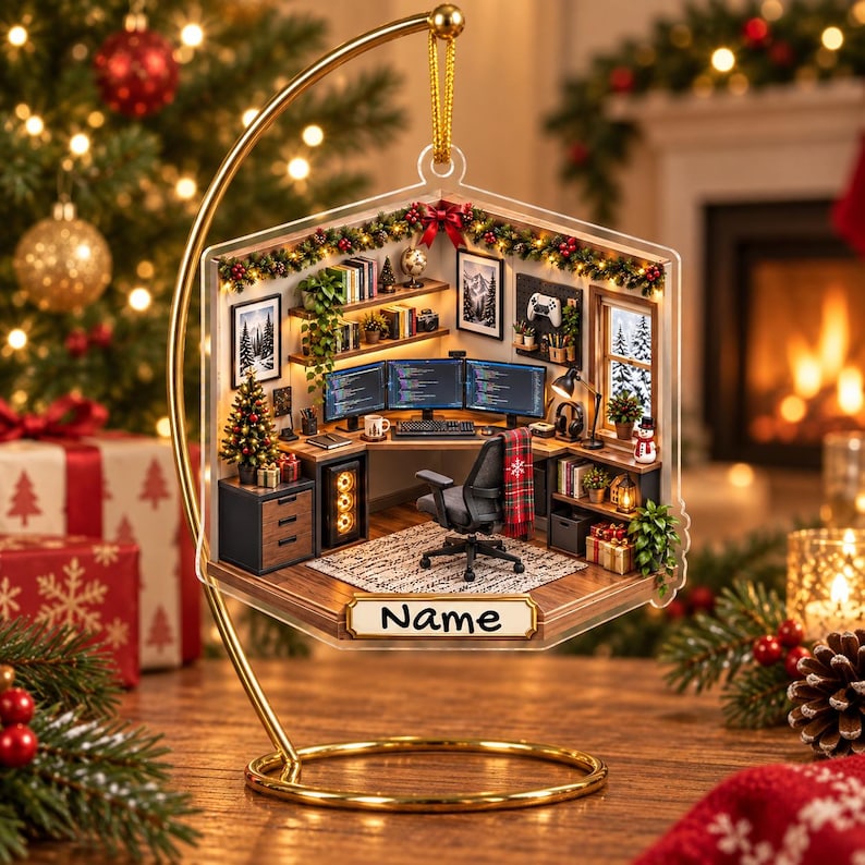 May include: A hexagonal hanging ornament featuring a miniature home office scene with three computer monitors, a desk chair, shelves, and a small Christmas tree. The ornament is suspended from a gold metal stand and includes a label with the text Name.
