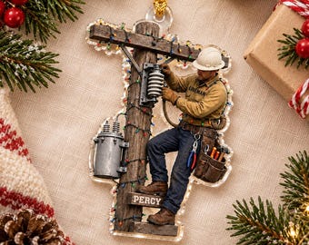 Personalized Lineman Ornament, Power Line Worker Christmas Gift, Custom Name Utility Worker Holiday Keepsake