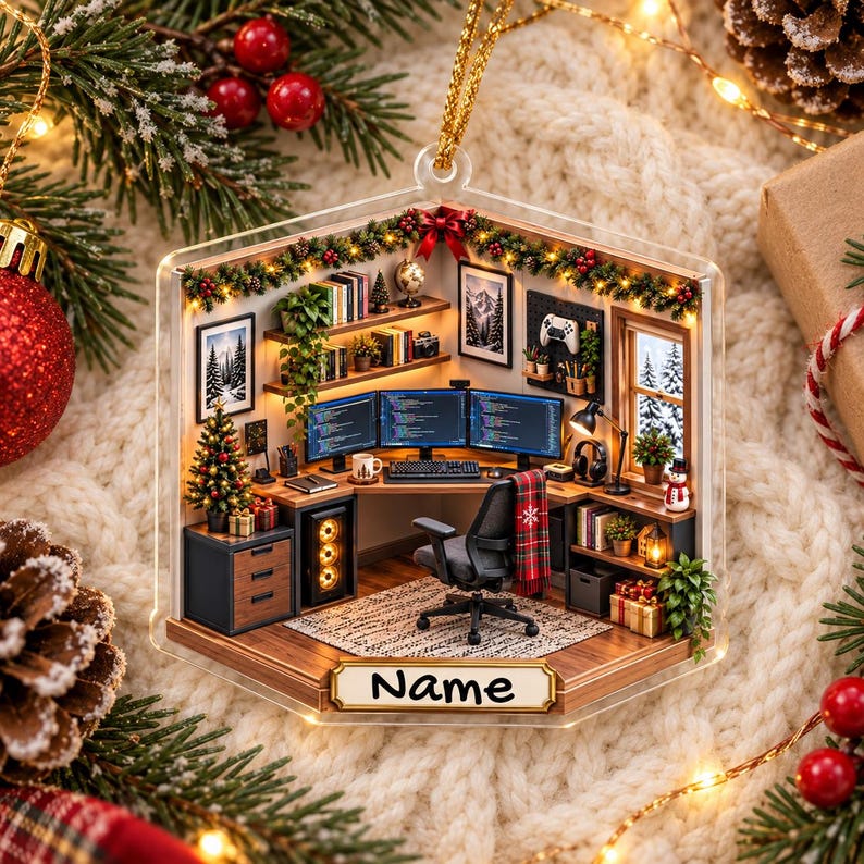 May include: A hexagonal Christmas ornament featuring a miniature 3D office scene with a computer desk, three monitors, a gaming chair, shelves, and a small Christmas tree. The base of the ornament has a rectangular plaque with the text Name.