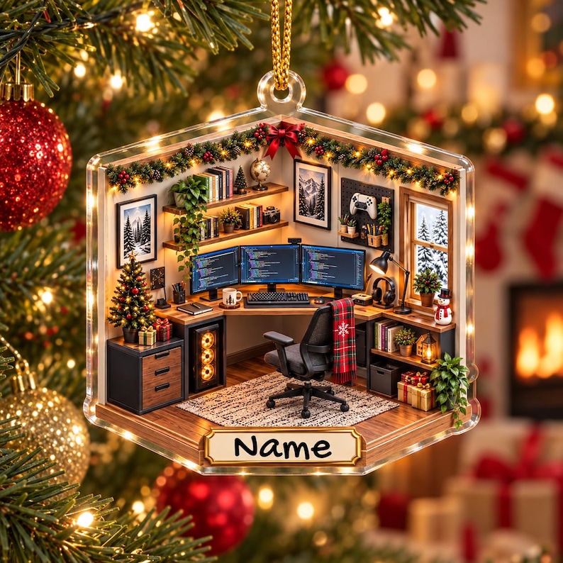 May include: A hexagonal clear acrylic ornament featuring a miniature office scene with three computer monitors, a desk chair, shelves with books, and a small Christmas tree. The base includes a gold-toned plaque with the text Name.