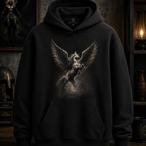 Peut inclure: Sweat à capuche noir avec une illustration détaillée d'un cheval ailé, Pégase, en nuances de gris et de blanc. Le motif est placé sur un fond sombre. Le sweat à capuche a une poche avant et une capuche. Le logo de la marque est visible en haut à droite.
