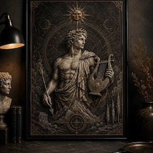 Peut inclure: Impression encadrée représentant une sculpture classique d'un homme avec une couronne de laurier, tenant une lyre et une flèche. L'œuvre a un fond sombre et texturé avec des éléments célestes et architecturaux, dans des tons de brun et d'or.