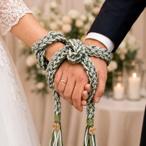 Puede incluir: Un cordón de handfasting hecho de hilo trenzado en color verde salvia, blanco y gris. El cordón presenta un nudo central, dos extremos largos colgantes con envolturas de hilo verde y dos pequeñas etiquetas de madera con texto grabado.