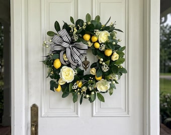 Corona de limón para puerta principal, decoración de verano para puerta, corona floral estilo granja, adorno de pared con follaje amarillo de limón