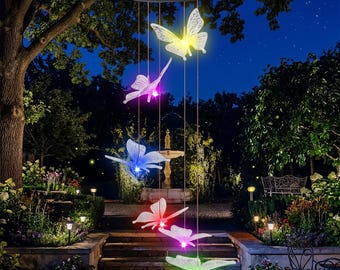 Solar Butterfly Wind Chime, Color Changing LED Hanging Garden Light, Outdoor Patio Yard Decor Gift