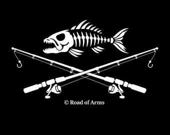魚の骨格と交差した釣り竿のビニール製デカールステッカー（3インチ×3インチ）