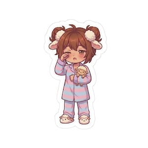 May include: A sticker depicting a cartoon character in striped pyjamas, sheep-themed slippers, and sheep-shaped hair buns. The character is rubbing their eye and holding a small sheep plushie. The color scheme includes pink, blue, and brown.