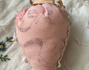 Vintage, pink rose strawberry pincushion
