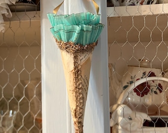 Vintage French Book Paper Tussie Mussie Cone Ornament, Madame la Marquise Antique Ephemera Decor, Aqua Blue Crepe Paper Trim Hanging Basket