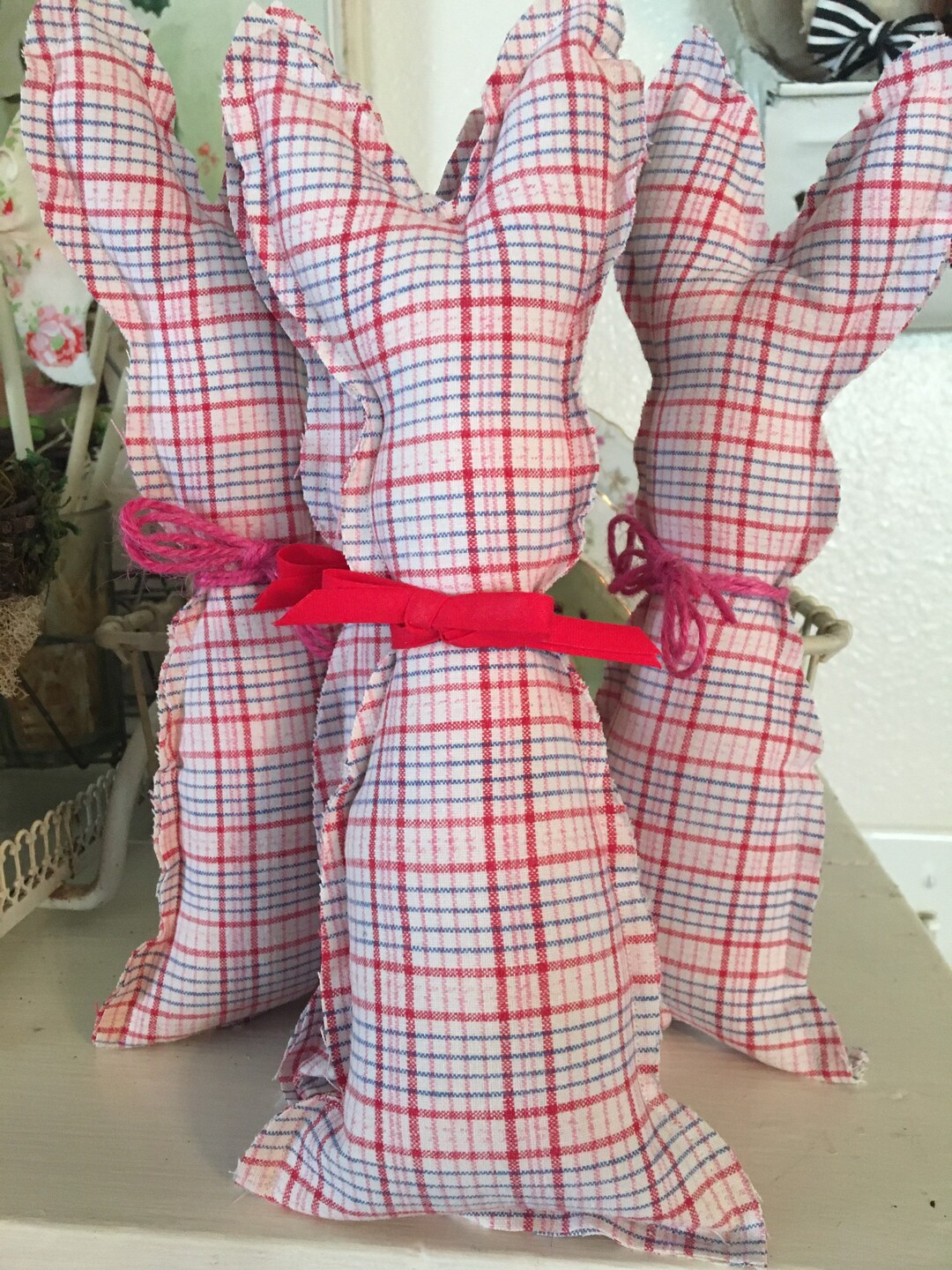 One Plaid Cotton Bunny/ Fabric Bunnies/ Red and White Rabbit - Etsy