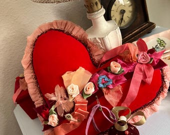 Red velvet heart vintage style pillow/Valentine’s Day heart pillow