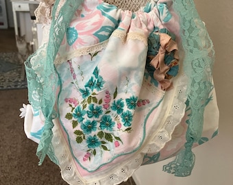 Vintage linen Boho shabby chic drawstring, shoulder bag/ shabby chic bags