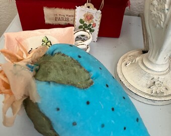 Blue teal velvet strawberry sachet / shabby chic, lavender sachets