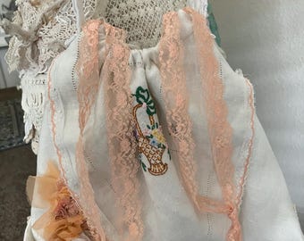 Vintage linen Boho shabby chic drawstring, shoulder bag/ shabby chic bags