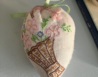Vintage fabric  strawberry embroidered sachet/ strawberry pin cushion